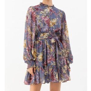 Chic Wish Flying Petals Print Puff Sleeve Ruffle Dress in Lavender